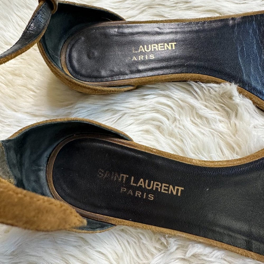 Saint Laurent Tan Studded Suede Ankle-Strap Flat Sandal Women's 38.5 - Picture 4 of 8